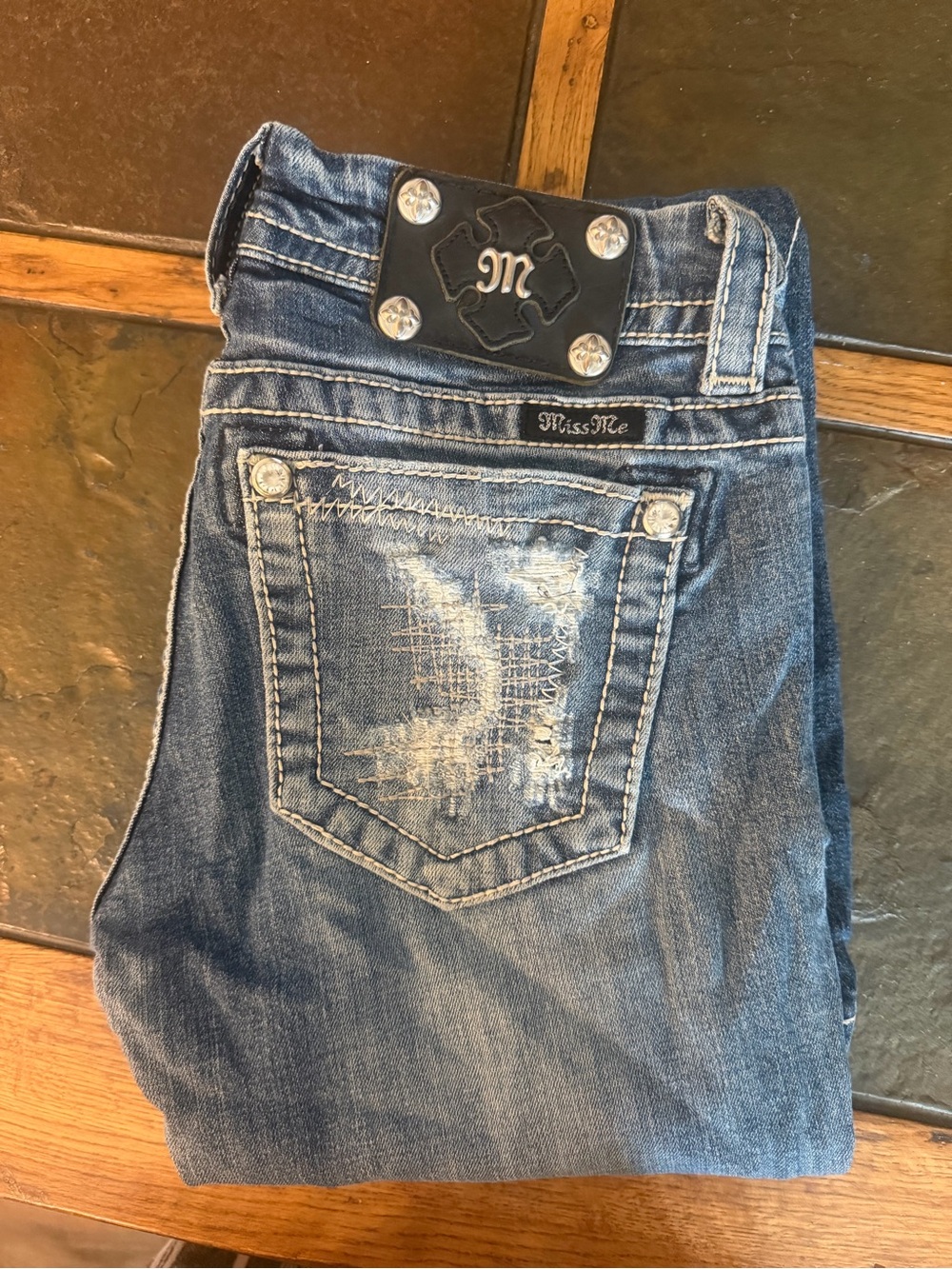 Miss Me Women's Faded Blue Boot Cut Jeans with Embellished Back